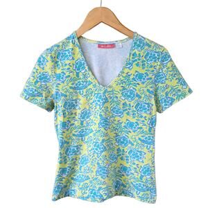 Key West Turtle Print V-Neck T-Shirt XS  Resort Turquoise Blue Beachy